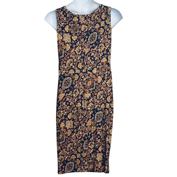 Peruvian Connection Sleeveless Midi Dress Chavin Ruched Aztec Sheath Size Medium - Picture 8 of 9
